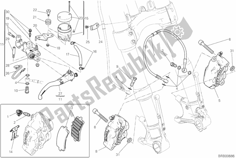 All parts for the Front Brake System of the Ducati Monster 1200 25 TH Anniversario USA 2019